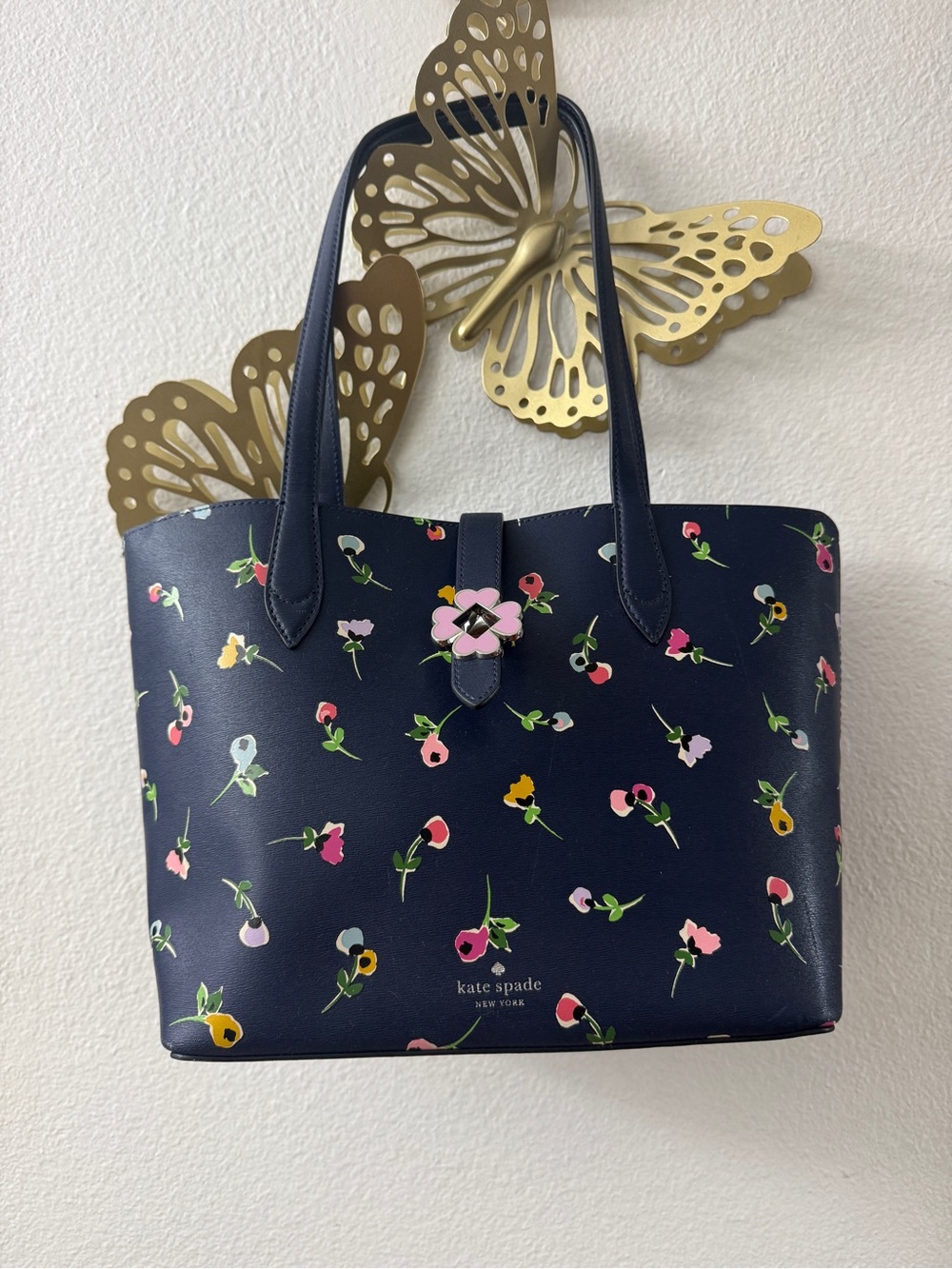 kate spade Navy Floral Small Tote with Pink Flower Snap